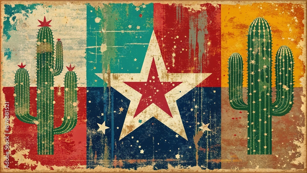 Obraz premium Vibrant abstract vector illustration featuring a distressed grunge design with Texas-inspired motifs, including stars, cacti, and a bold, rugged typography.