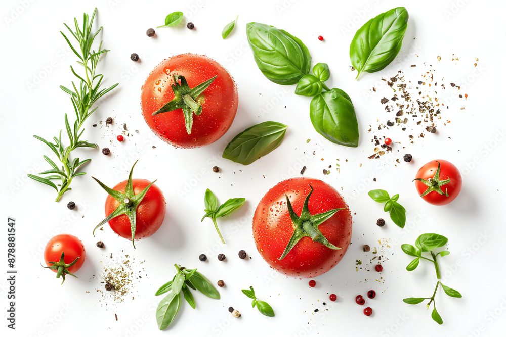 Ripe Red Tomatoes with Fresh Herbs and Spices - A Culinary Delight of Organic Tomatoes and Seasonings for Healthy and Flavorful Cooking Ripe Red Tomatoes with Fresh Herbs and Spices - A Culinary Delight of Organic Tomatoes and Seasonings for Healthy and Flavorful Cooking