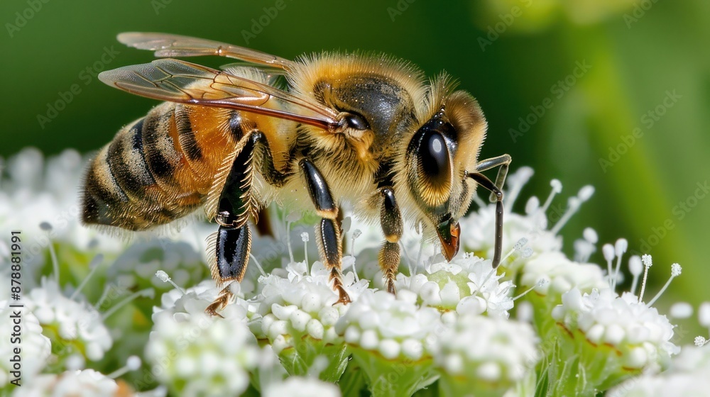 Close-up of Honeybee Collecting Pollen from White Flower. Close-up of Honeybee Collecting Pollen from White Flower.
