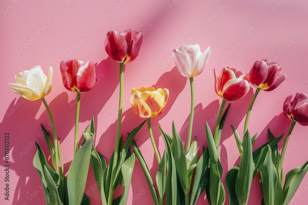 Bright Floral Scene: Charming Tulips on Pink Background Bright Floral Scene: Charming Tulips on Pink Background