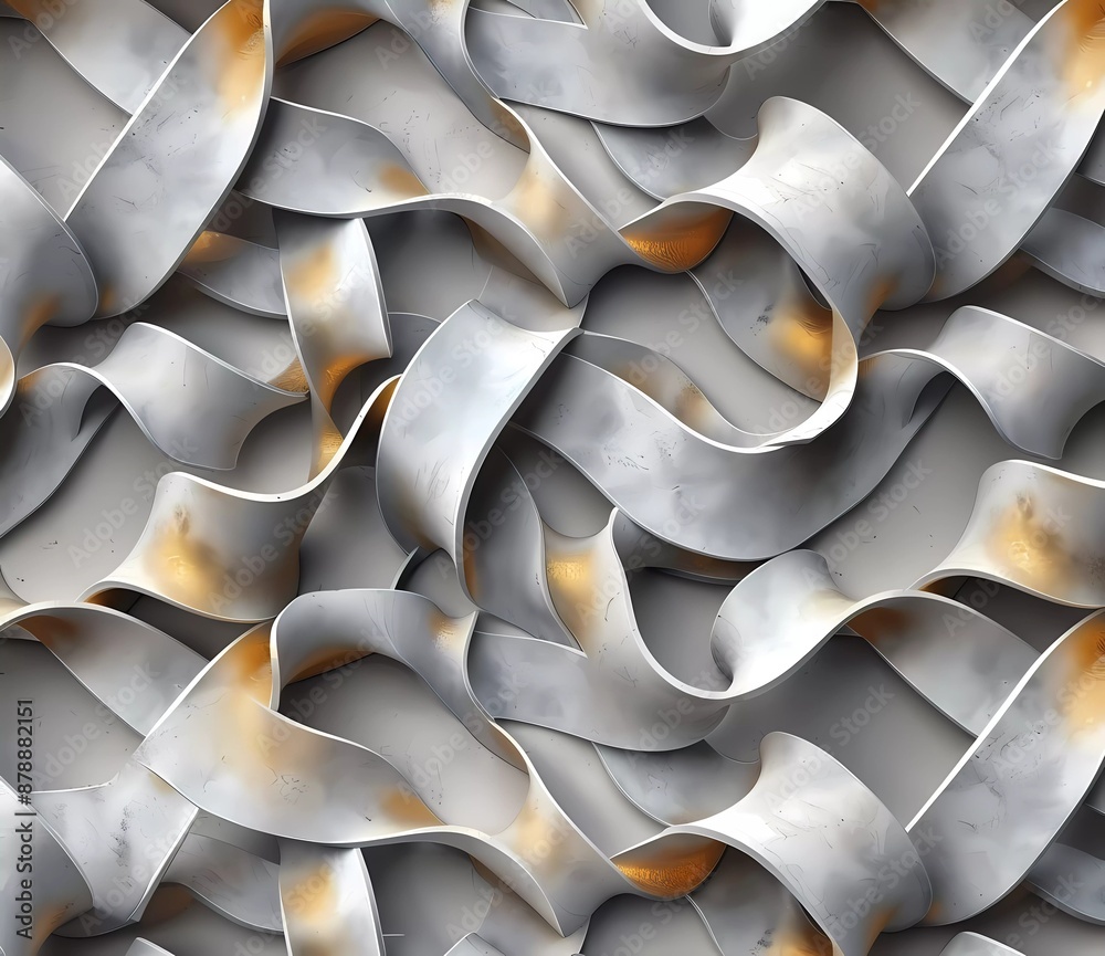 seamless pattern of grey and gold intertwined wavy shapes, 3d render, white background, no shadows, seamless texture seamless pattern of grey and gold intertwined wavy shapes, 3d render, white background, no shadows, seamless texture
