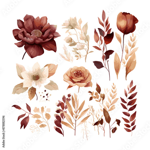 Watercolor clipart, Maroon color flowers, surrounded by terracotta and cocoa brown accents