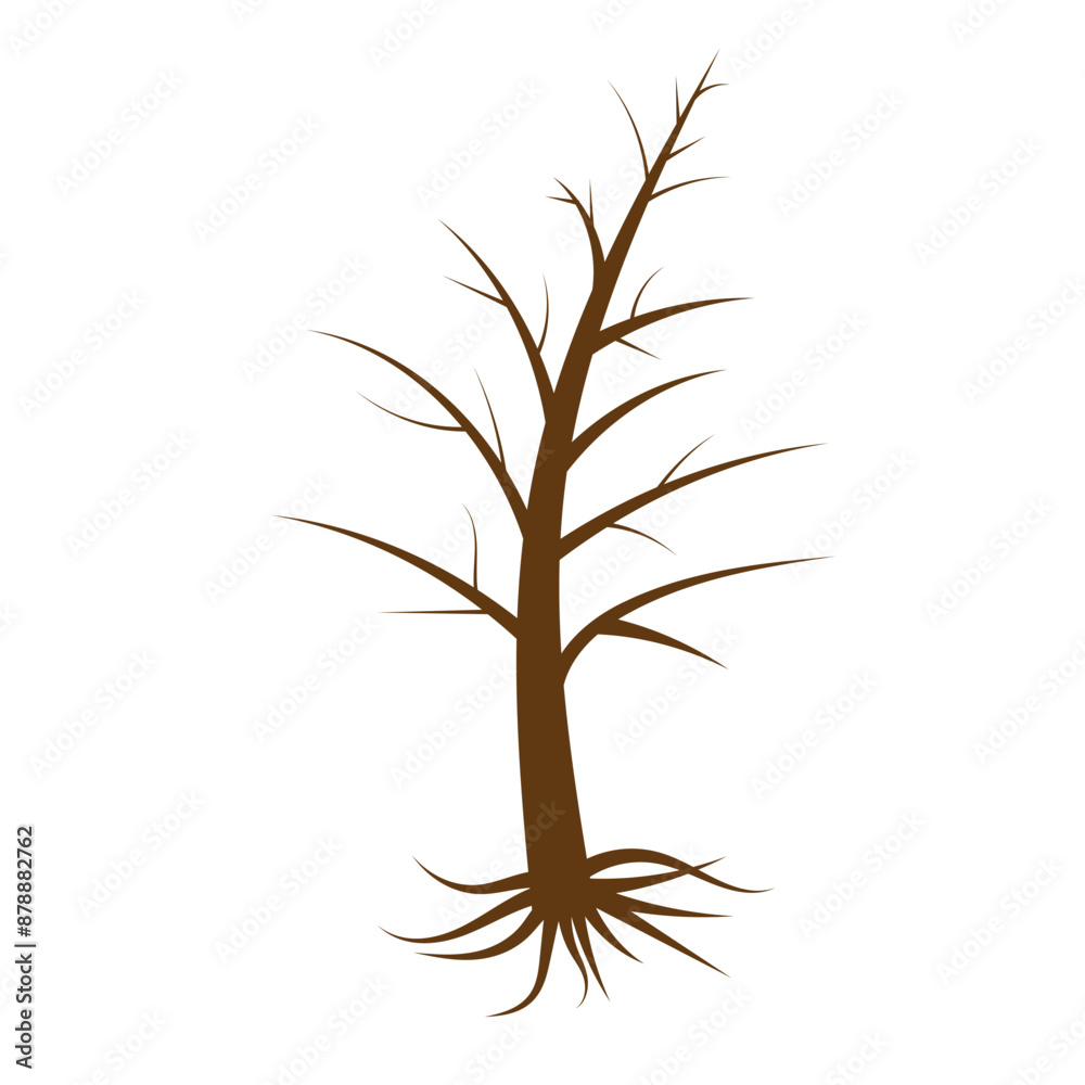 Obraz premium Leafless Tree Silhouette with Exposed Roots – Minimalist Winter Tree Illustration on White Background.