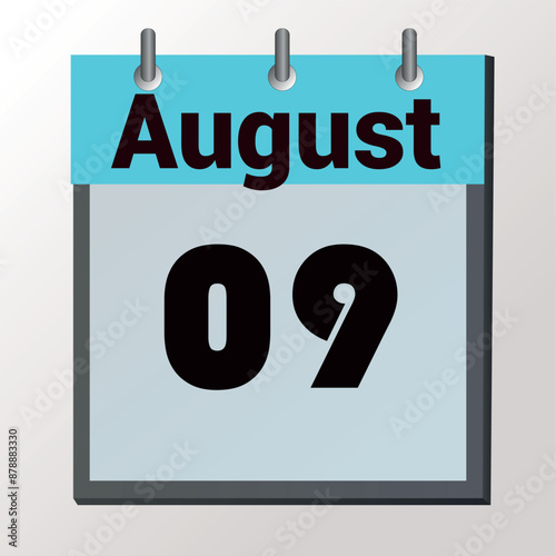 vector calendar page with date August 9, light colors