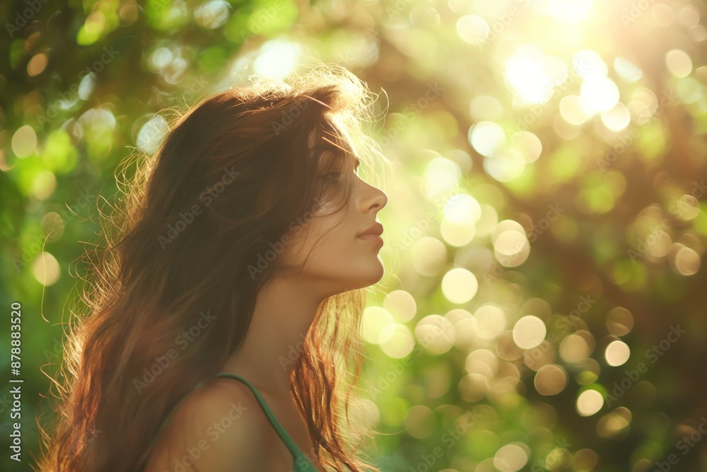 Young woman enjoying sunlight with closed eyes relaxing outdoors beauty concept Young woman enjoying sunlight with closed eyes relaxing outdoors beauty concept