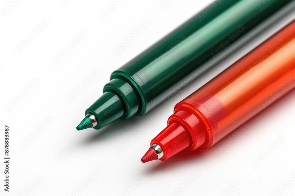 Two pens lying flat on a white background, suitable for office or study use Two pens lying flat on a white background, suitable for office or study use