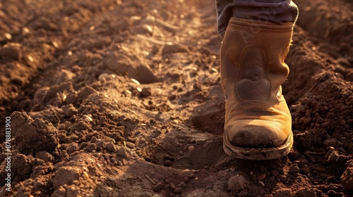 Closeup of a muddy boot in a field.