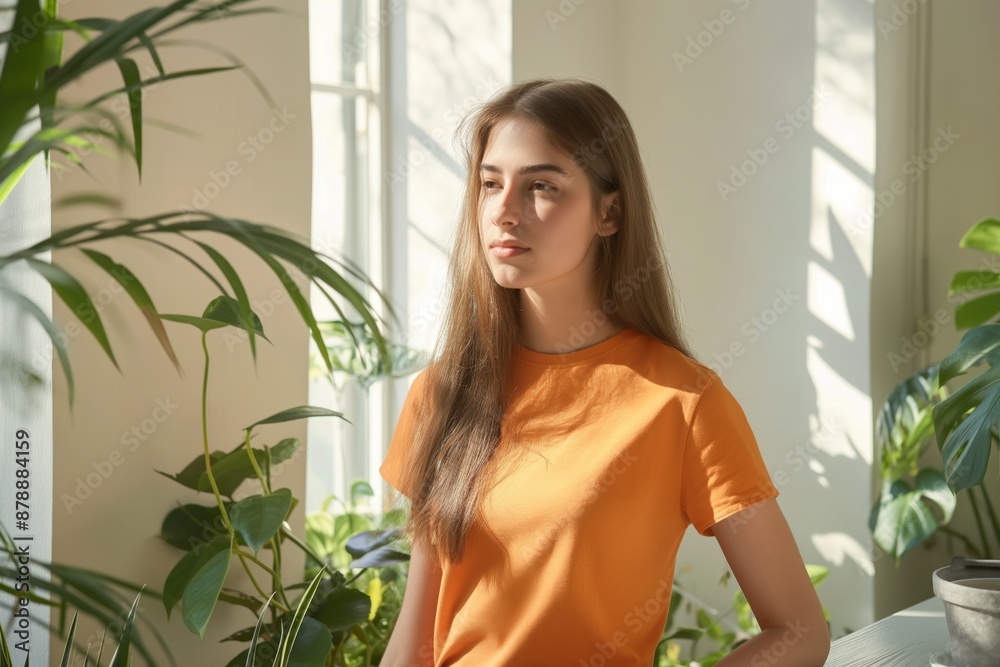 Woman with long hair using smartphone surrounded by houseplants natural living concept Woman with long hair using smartphone surrounded by houseplants natural living concept