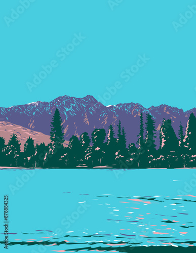 WPA poster art of the Remarkables mountain range in the Southern Alps viewed from Queenstown, Otago, South Island of New Zealand done in works project administration or federal art project style.