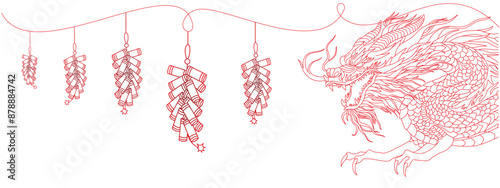 vector design of line illustration of Chinese New Year dragons and firecrackers for Chinese New Year