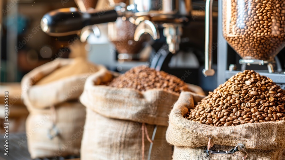 Roasted coffee beans in burlap sacks. Roasted coffee beans in burlap sacks.