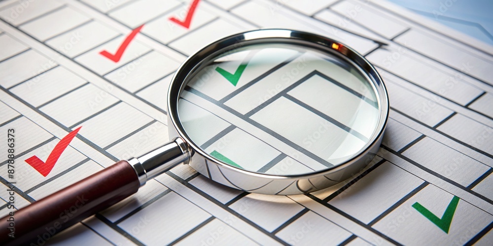 Magnifying glass next to a correct checklist: voting and approval concept Magnifying glass next to a correct checklist: voting and approval concept