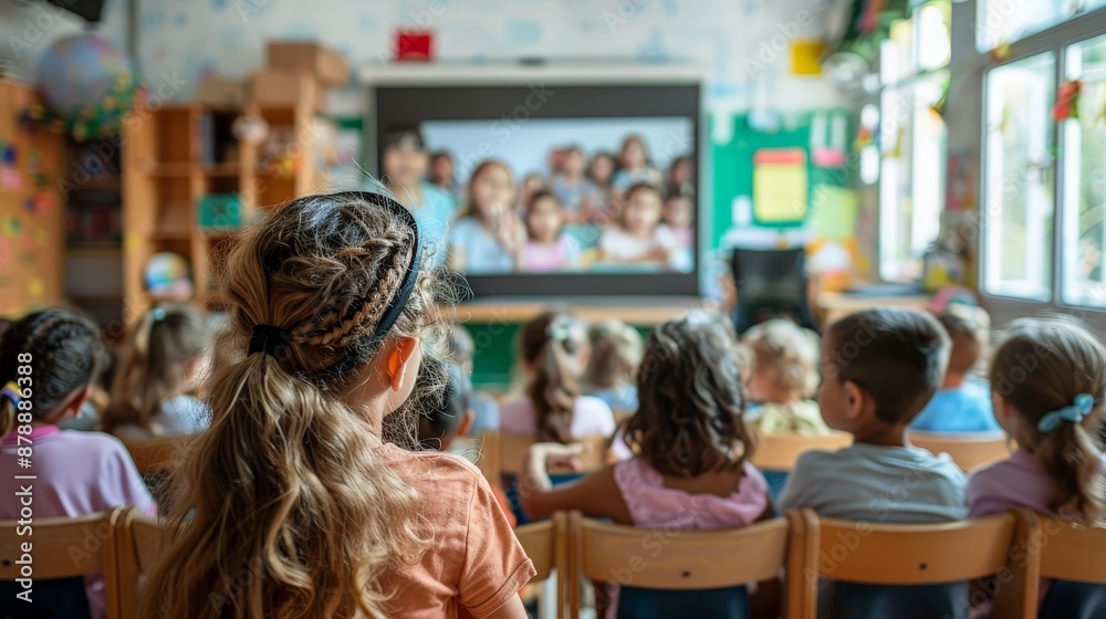 A virtual classroom session, teacher and students connected via video call A virtual classroom session, teacher and students connected via video call