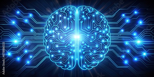 A stylized illustration of a glowing blue brain icon with flashing circuits and wires surrounding it, symbolizing intelligence, innovation, and creative thinking. photo