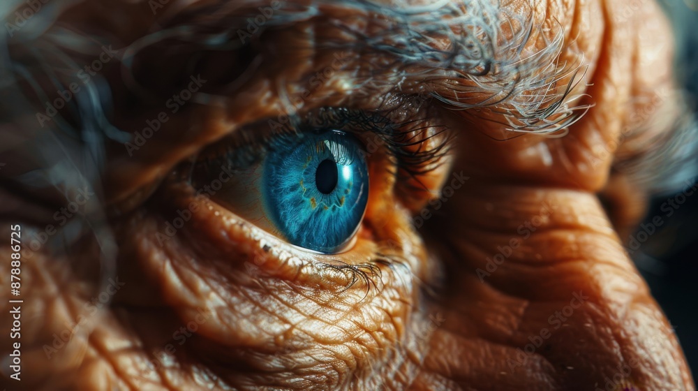 A detailed close-up of an elderly man's eye, with a calm blue iris set amidst delicate wrinkles and strands of silver hair, symbolizing years of wisdom.
A detailed close-up of an elderly man's eye, with a calm blue iris set amidst delicate wrinkles and strands of silver hair, symbolizing years of wisdom.