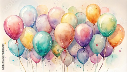 Vibrant watercolor balloons in soft pastel hues float effortlessly against a creamy white background, tied together with delicate strings, exuding whimsy and joyful celebration.