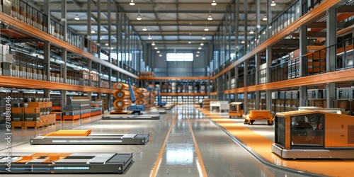 A warehouse with automated sorting systems and robots, representing the future of logistics and industry