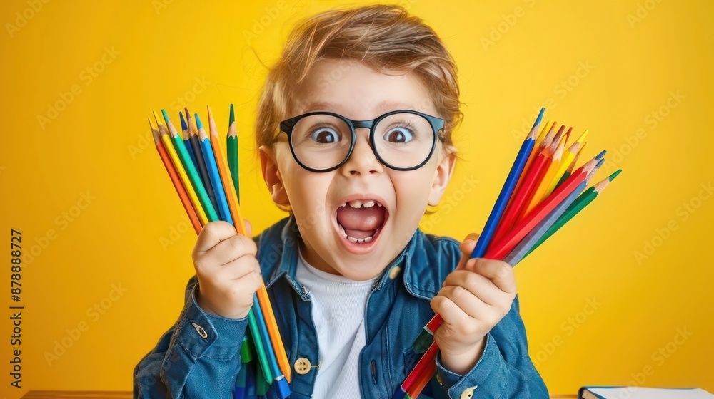 School child in glasses, wide-eyed with excitement, clutching colored pencils, yellow background. School child in glasses, wide-eyed with excitement, clutching colored pencils, yellow background.