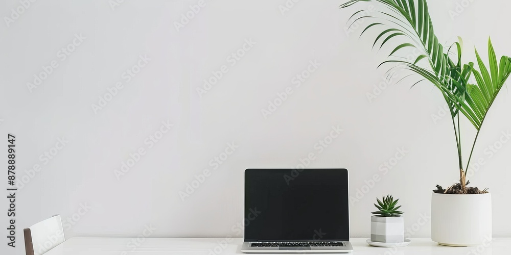 A minimalist workspace featuring a white desk, a single potted plant, and a laptop, highlighting a clutter-free and productive environment A minimalist workspace featuring a white desk, a single potted plant, and a laptop, highlighting a clutter-free and productive environment
