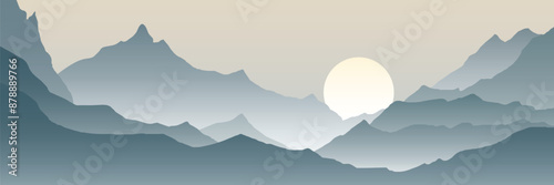 Minimalistic mountain landscape, morning light and sun, vector illustration, panoramic view