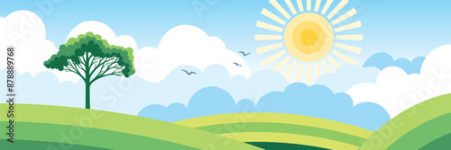View of summer landscape, green meadows and hills, picturesque sky and sun, vector illustration	
