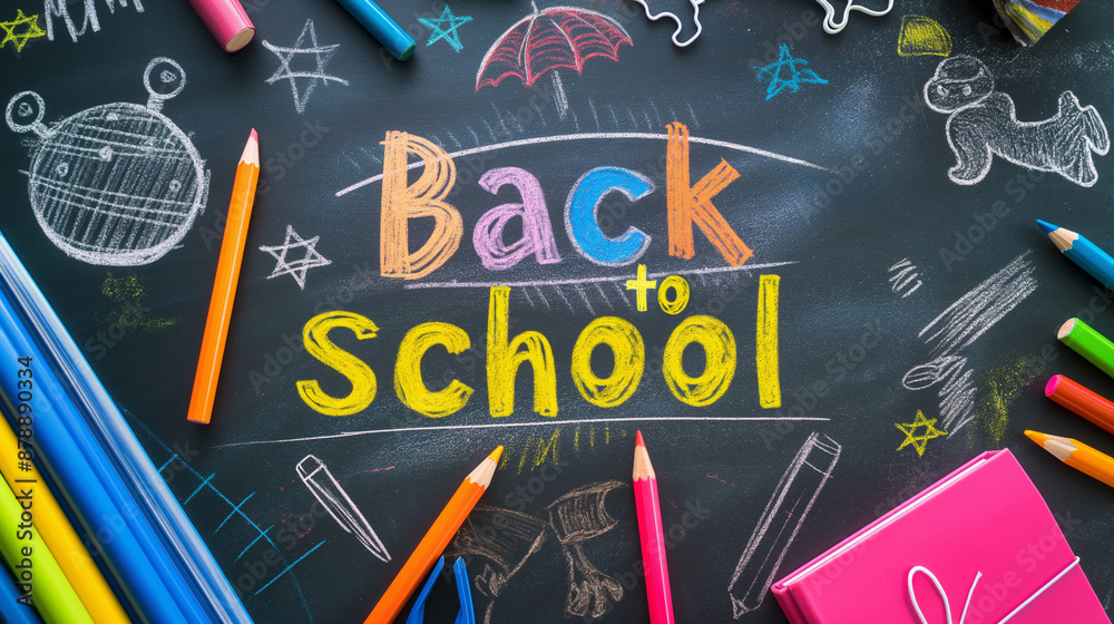 Vibrant Back to School Chalkboard with Colorful Pencils and Supplies, Perfect for Education and Learning Themes, Classroom Decor, and School Marketing Materials Vibrant Back to School Chalkboard with Colorful Pencils and Supplies, Perfect for Education and Learning Themes, Classroom Decor, and School Marketing Materials