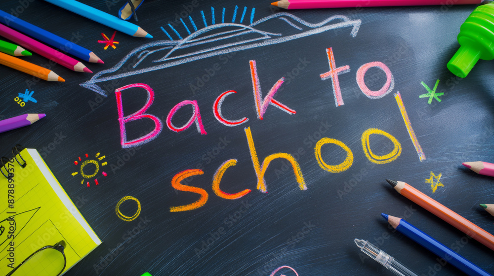 Vibrant Back to School Chalkboard with Colorful Pencils and Supplies, Perfect for Education and Learning Themes, Classroom Decor, and School Marketing Materials Vibrant Back to School Chalkboard with Colorful Pencils and Supplies, Perfect for Education and Learning Themes, Classroom Decor, and School Marketing Materials
