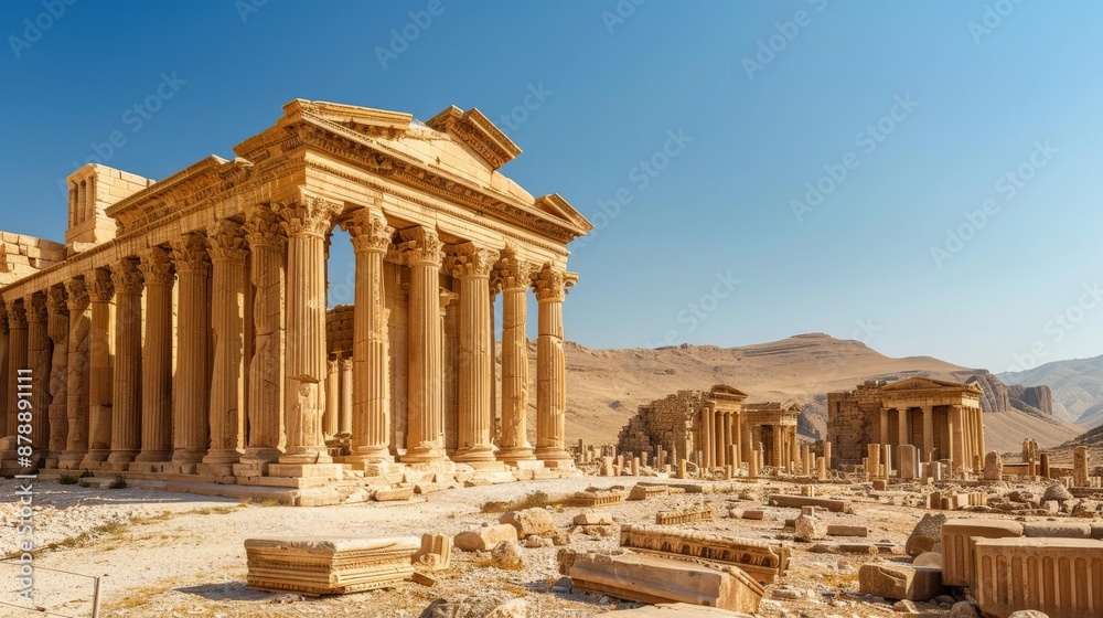 Obraz premium Ancient ruins under a clear blue sky, with detailed stonework visible