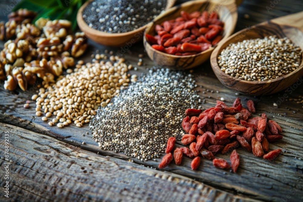 Naklejka premium Various superfoods such as goji berries, chia seeds, quinoa, and nuts, neatly arranged on a wooden surface