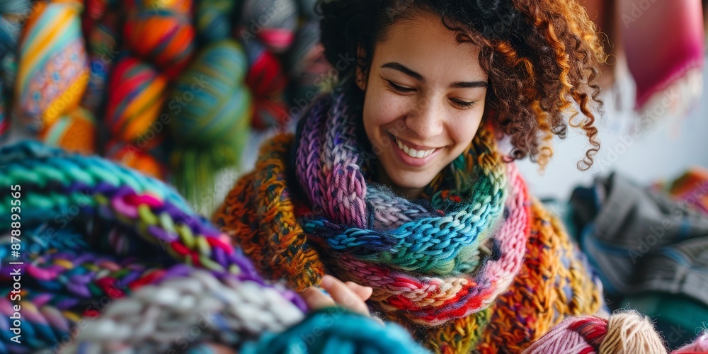 A woman knitting a colorful scarf, surrounded by skeins of yarn in various hues, with a warm smile on her face A woman knitting a colorful scarf, surrounded by skeins of yarn in various hues, with a warm smile on her face
