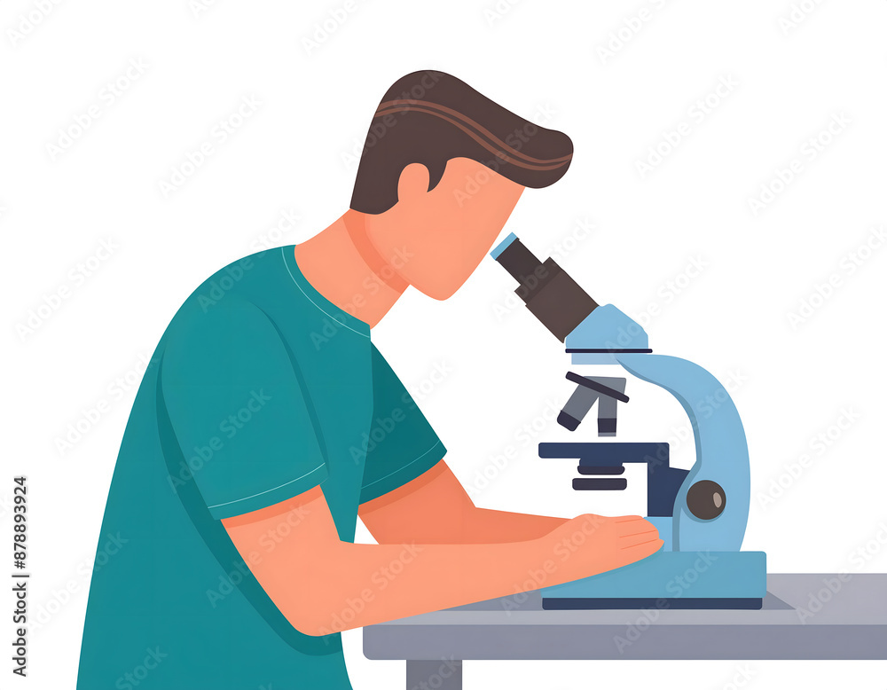 Cartoon illustration of a researcher observing under a microscope Cartoon illustration of a researcher observing under a microscope