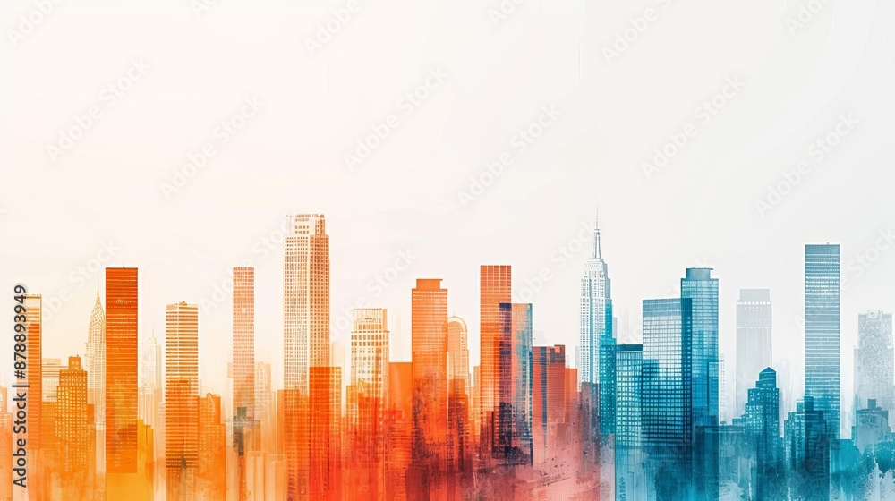 Abstract city skyline with vibrant blue and orange hues, blending seamlessly to depict modern urban architecture in an artistic manner. Abstract city skyline with vibrant blue and orange hues, blending seamlessly to depict modern urban architecture in an artistic manner.