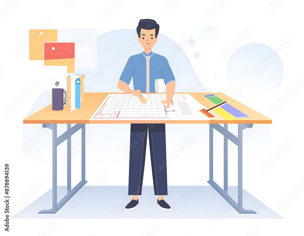 Engineer drawing work cartoon illustration on the table Engineer drawing work cartoon illustration on the table