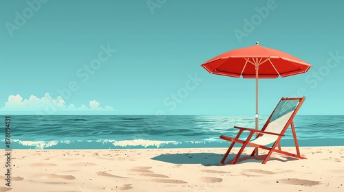 Serene beach scene with a red umbrella and deck chair on sandy shore under a clear blue sky, waves gently rolling in.