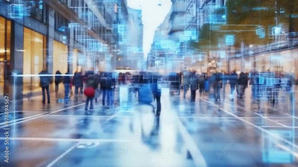 Illustration of neural network, AI, and data processing in a busy city with people on the street symbolizes the integration of AI and data processing within urban infrastructure. Illustration of neural network, AI, and data processing in a busy city with people on the street symbolizes the integration of AI and data processing within urban infrastructure.