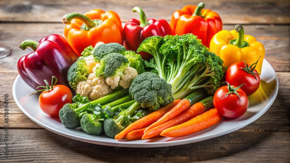 A Variety Of Fresh Organic Vegetables On A White Plate Including Broccoli, Cauliflower, Carrots, Bell Peppers, And Tomatoes. A Variety Of Fresh Organic Vegetables On A White Plate Including Broccoli, Cauliflower, Carrots, Bell Peppers, And Tomatoes.