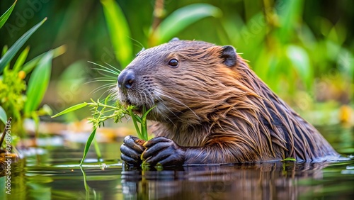 A Beaver Sits In The Water And Eats A Plant It Has Gathered.