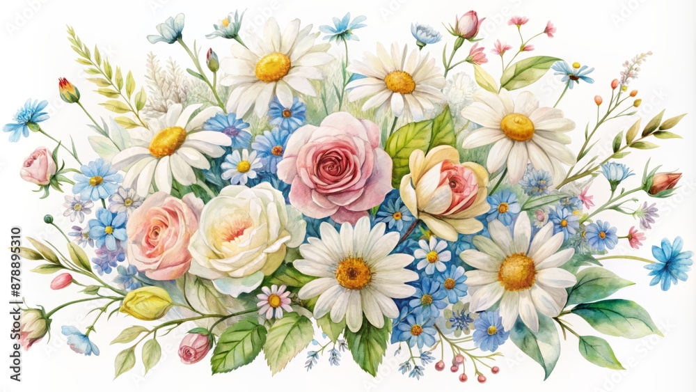 A Beautiful Watercolor Painting Of A Bouquet Of Roses, Daisies, And Other Wildflowers. A Beautiful Watercolor Painting Of A Bouquet Of Roses, Daisies, And Other Wildflowers.
