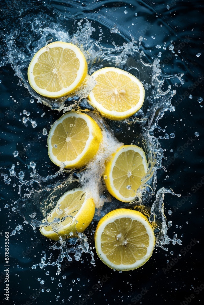 Lemon slices in water with splashes on dark background