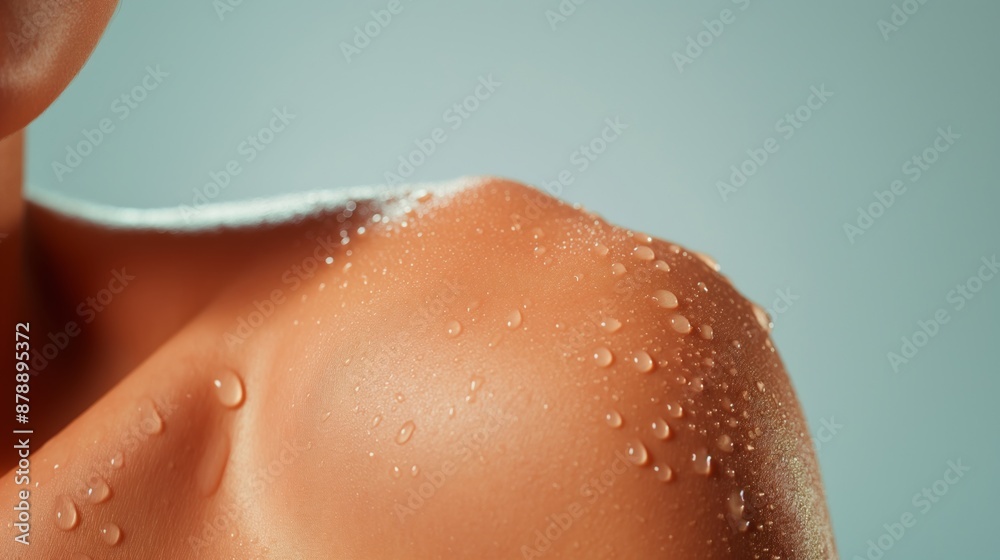 Close up of wet skin with water droplets on shoulder. Close up of wet skin with water droplets on shoulder.