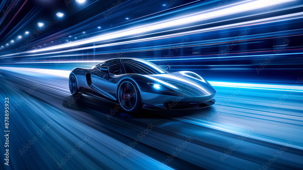 Futuristic car driving at high speed on city highway. Cyberpunk style illustration.
Futuristic car driving at high speed on city highway. Cyberpunk style illustration.