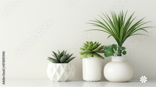 Minimalist Home Decor with Green Plants and White Vases. © Iswanto