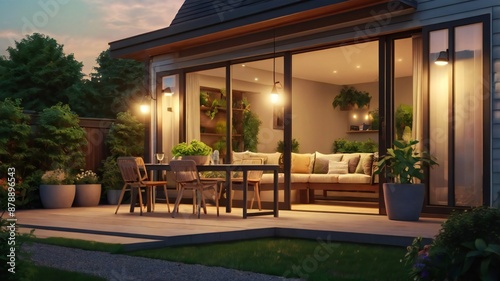 Summer evening on the patio of beautiful suburban house with lights in the garden