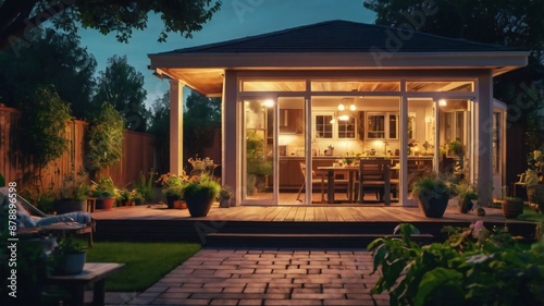 Summer evening on the patio of beautiful suburban house with lights in the garden