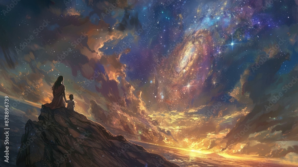 Mother and child watching the stars and a distant sunset. Mother and child watching the stars and a distant sunset.