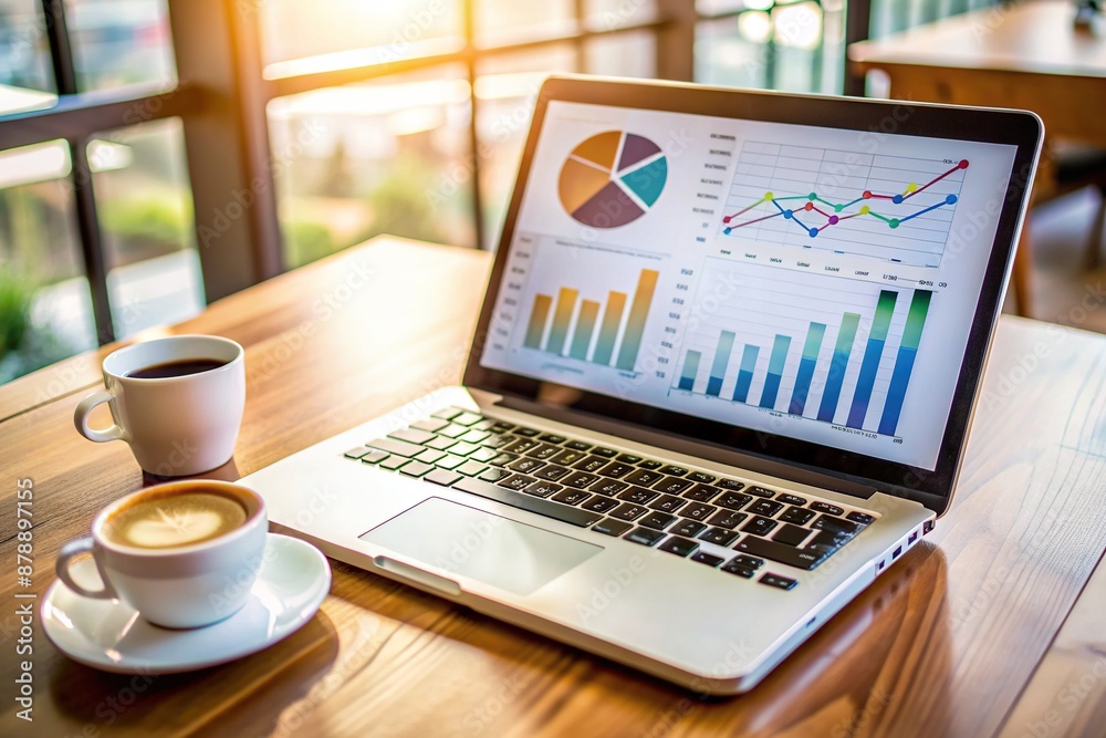 Close-up of a laptop screen displaying coffee ring stains with business charts and graphs in the background, conveying a busy and productive work environment. Close-up of a laptop screen displaying coffee ring stains with business charts and graphs in the background, conveying a busy and productive work environment.