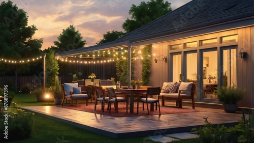 Summer evening on the patio of beautiful suburban house with lights in the garden