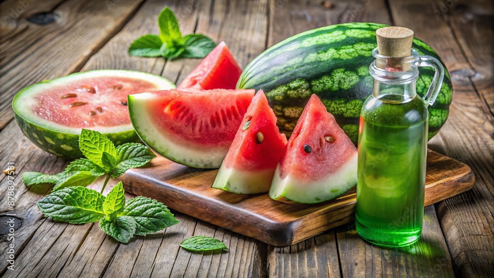 Fresh Watermelon Slices On A Wooden Table With A Bottle Of Juice And Mint Leaves