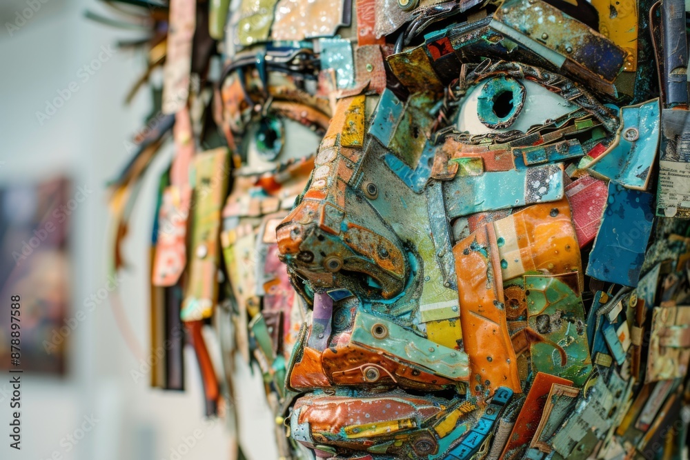 Fototapeta premium unique sculpture made from recycled materials, displayed in an eco-friendly art exhibit