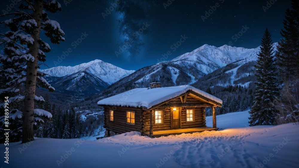 A snowy dreamy cabin in the mountainous night of Aspen, Colorado. A snowy dreamy cabin in the mountainous night of Aspen, Colorado.